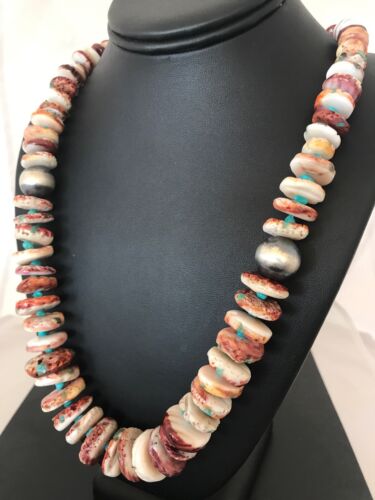 Purple Spiny Oyster & Turquoise Navajo Graduated Necklace | Sterling Silver | Authentic Native American | 24" | 3603