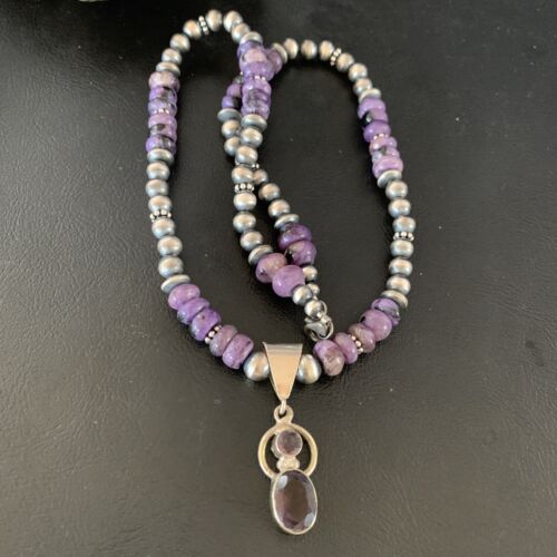 Navajo Purple Charoite and Amethyst Pendant Necklace | Authentic Native American Sterling Silver | Multi-Stone | 22" | 13412