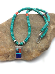 Navajo Turquoise & Lapis Inlay Pendant Necklace | Sterling Silver | 19" | Authentic Native American Handmade | 4077