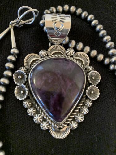 Men's Navajo Pearls Necklace with Purple Sugilite Pendant | Sterling Silver | Authentic Native American Handmade | 00541