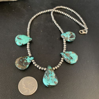 Navajo Teardrop Blue Turquoise Necklace | Sterling Silver Pearls | 20" | Authentic Native American Handmade | 13962