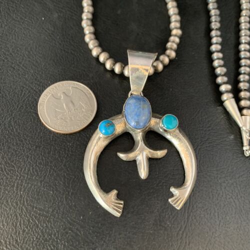 Navajo Sterling Silver Pendant Necklace | Denim Lapis & Turquoise | Authentic Native American Handmade | 13632