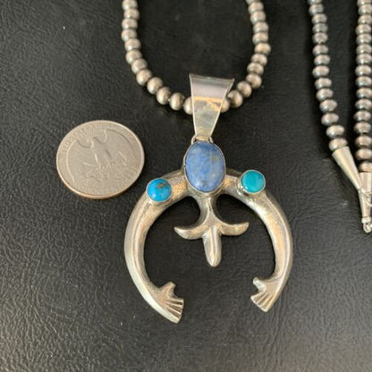 Navajo Sterling Silver Pendant Necklace | Denim Lapis & Turquoise | Authentic Native American Handmade | 13632