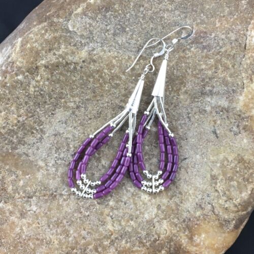 Liquid Silver Heishi Beads Purple Sugilite Sterling Silver Earrings 2" 1993