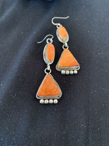 Navajo Orange Spiny Oyster Dangle Earrings | Sterling Silver | Authentic Native American Handmade | 199