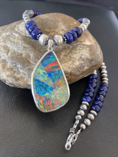 Men's Sterling Silver Necklace | Blue Lapis Bead | Opal Inlay Pendant | 10583