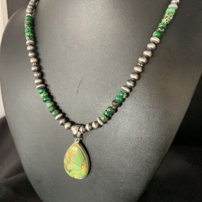 Navajo Green Mojave Turquoise Pendant Necklace | Sterling Silver | Native American Handmade | 13467