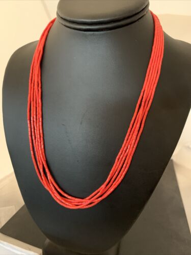Red Stabilized Coral Heishi Necklace | 5-Strands | Sterling Silver | 20" | Authentic Native American Handmade | 00761