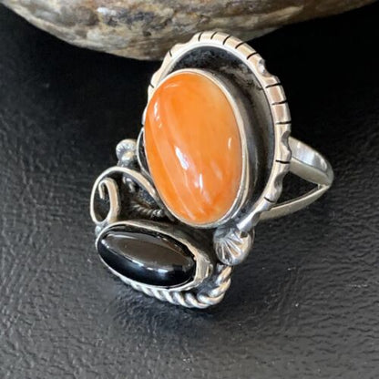 Navajo Black Onyx Orange Spiny Oyster Multi-Stone Ring | Authentic Native American Sterling Silver | Sz 11 | 02168