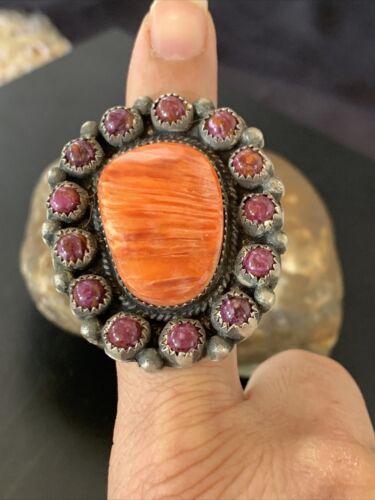 Navajo Spiny Oyster Cluster Ring | Authentic Native American Sterling Silver | Multi-Stone | Purple Orange | Sz 8 | 11513