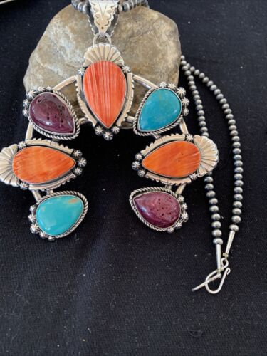 Navajo Sterling Silver Necklace with Turquoise & Spiny Oyster Naja Pendant | 00791