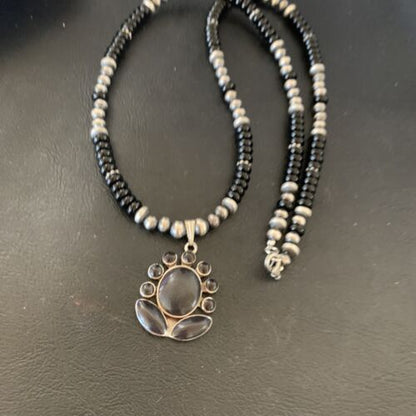 Navajo Pearl Black Onyx Necklace with Pendant | Sterling Silver | 22" | Authentic Native American Handmade | 12279