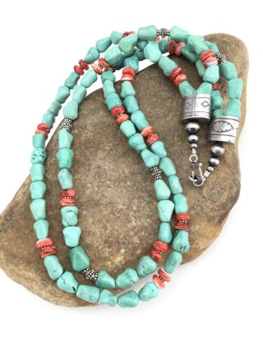 Native American Turquoise Spiny Sterling Silver Nugget Bead Necklace | 22" | 1352
