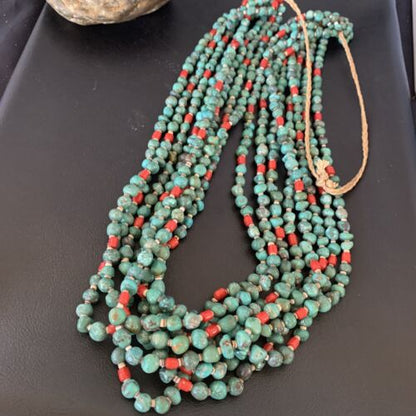 Men's Santo Domingo Blue Turquoise Coral Necklace | 36" Bead Nugget | Authentic Native American Handmade | 13185