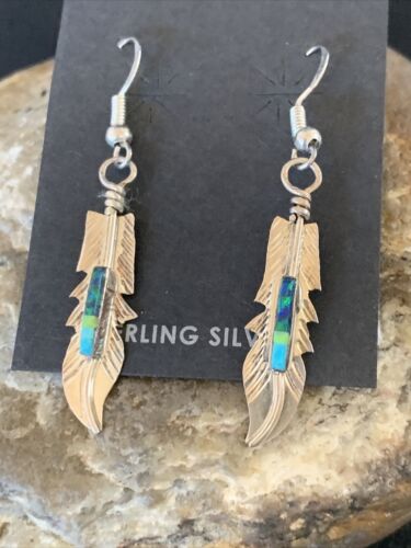 Blue Turquoise Sterling Silver Navajo Handmade Inlay Feather Earrings 13086