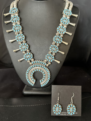 Navajo Dual Side Blue White Buffalo Turquoise Squash Blossom Necklace | Sterling Silver | 14457