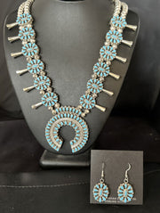 Navajo Dual Side Blue White Buffalo Turquoise Squash Blossom Necklace | Sterling Silver | 14457