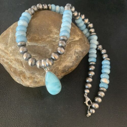 Men's Blue Larimar Pendant | 10mm Navajo Sterling Silver Natural Necklace | Authentic Native American Handmade | 13998