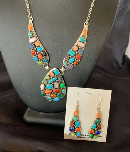 Navajo Multi-Color Turquoise Spiny Necklace & Earring Set | Sterling Silver | 2105