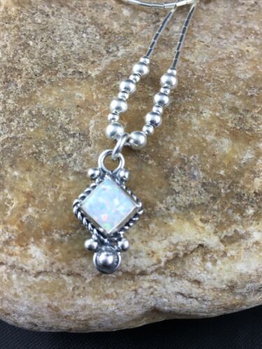 Native American Opal Beads Necklace | Sterling Silver | Opal Inlay Pendant | 15" | 10134