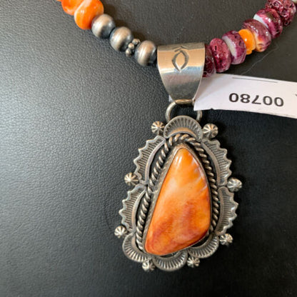 Navajo Sterling Silver Necklace | Orange Purple Spiny Oyster Pendant | 00780