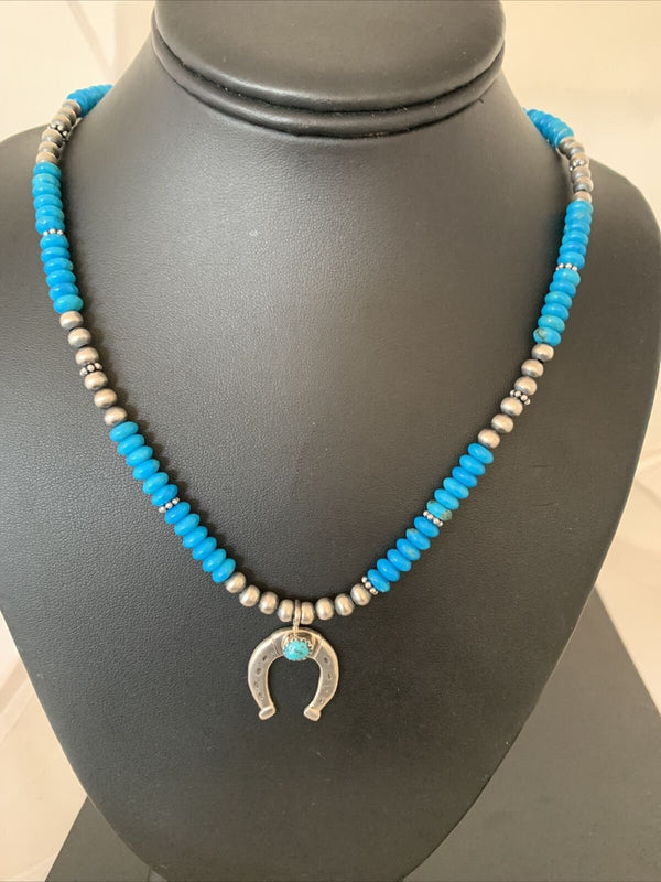 Navajo Blue Turquoise Naja Pendant | Sterling Silver Chain | Authentic Native American Handmade | 01944