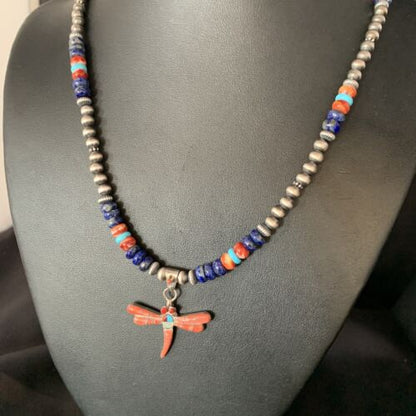 Navajo Dragonfly Pendant | Sterling Silver Turquoise Coral Multi-Color Inlay | Authentic Native American Handmade | 13556 - Masha USA